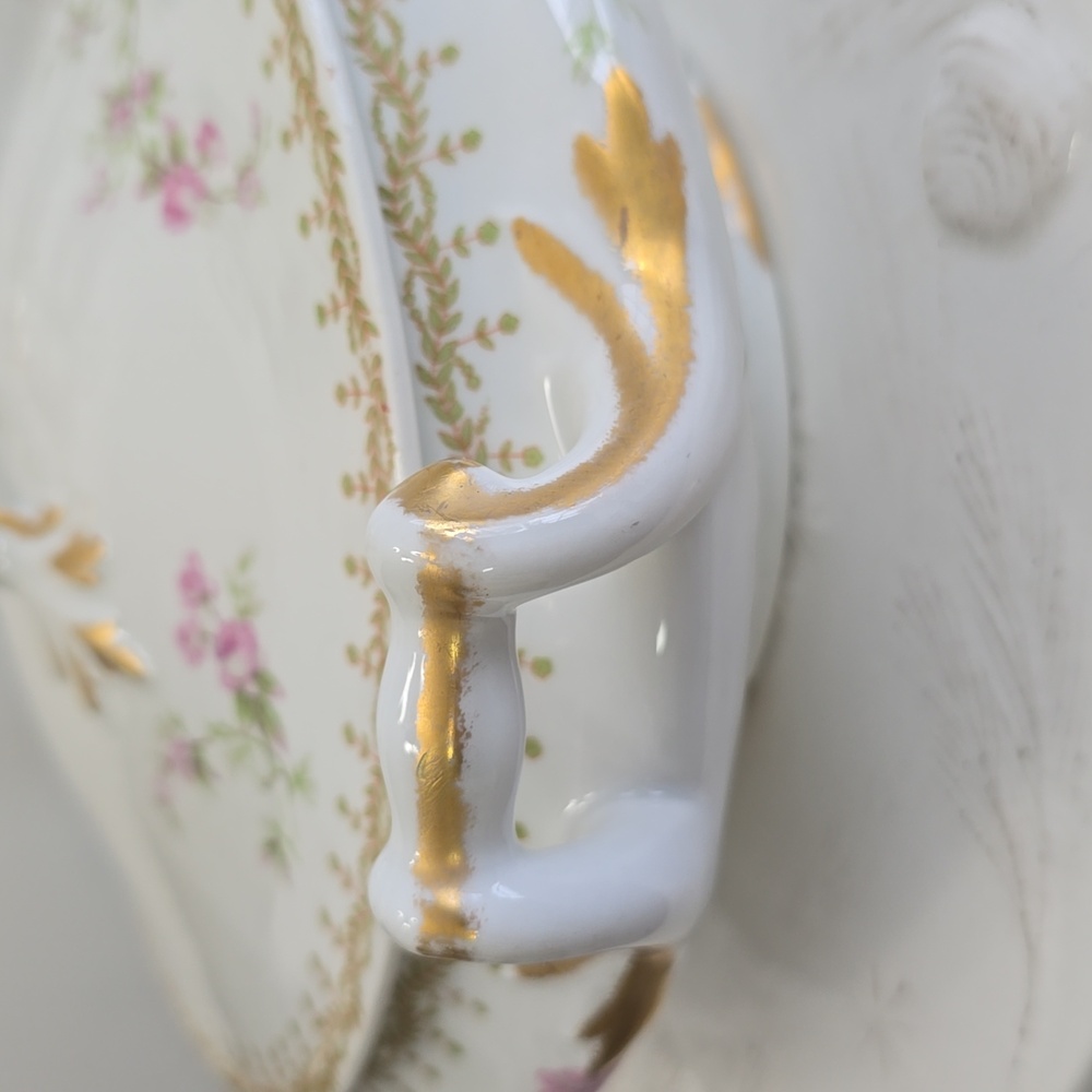 Vintage PL Limoges France M Redon Round Dish Lid Handles Pink Roses - Picture 7 of 17